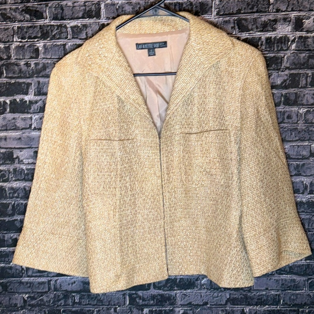 Lafayette 148 New York Tweed Blazer Size 6 Tan Natural Hook Front 3/4 Sleeve